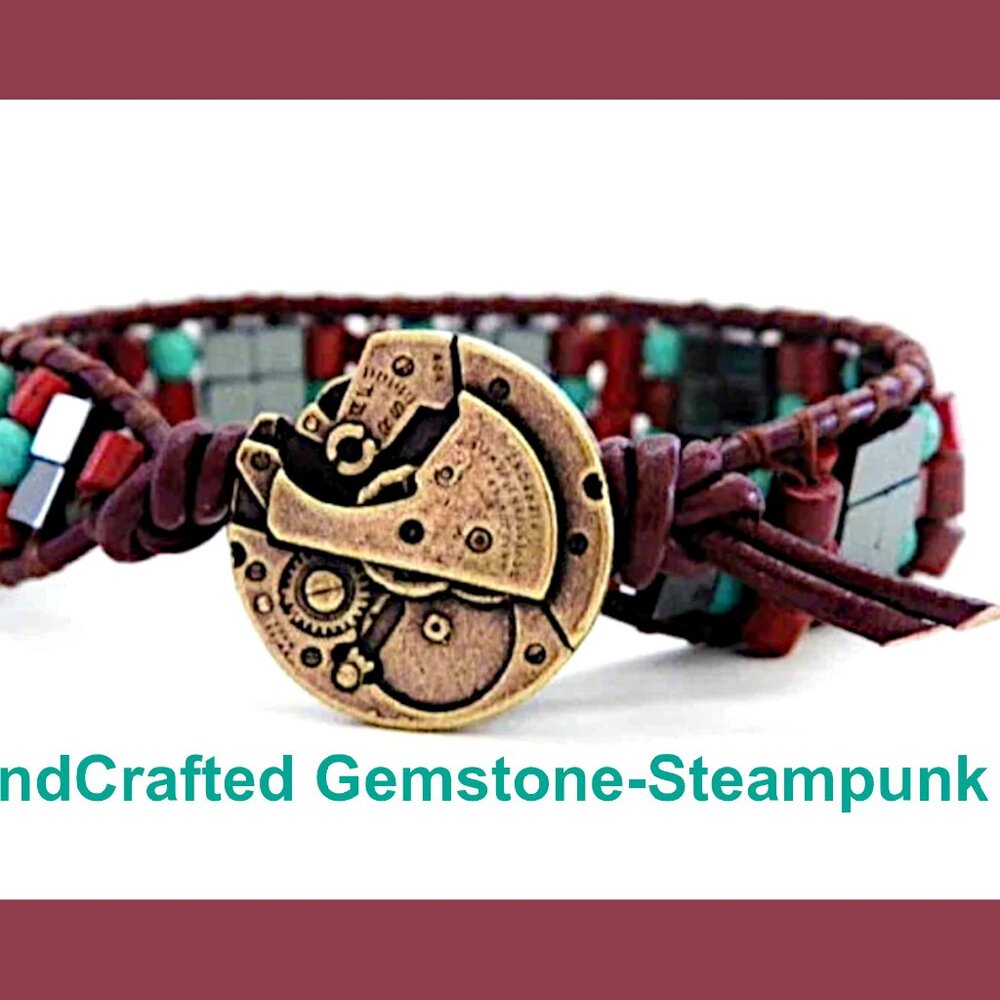 Steampunk Fusion: Leather Cuff Bracelet with Gemstone Bracelet - Boho Jewelry